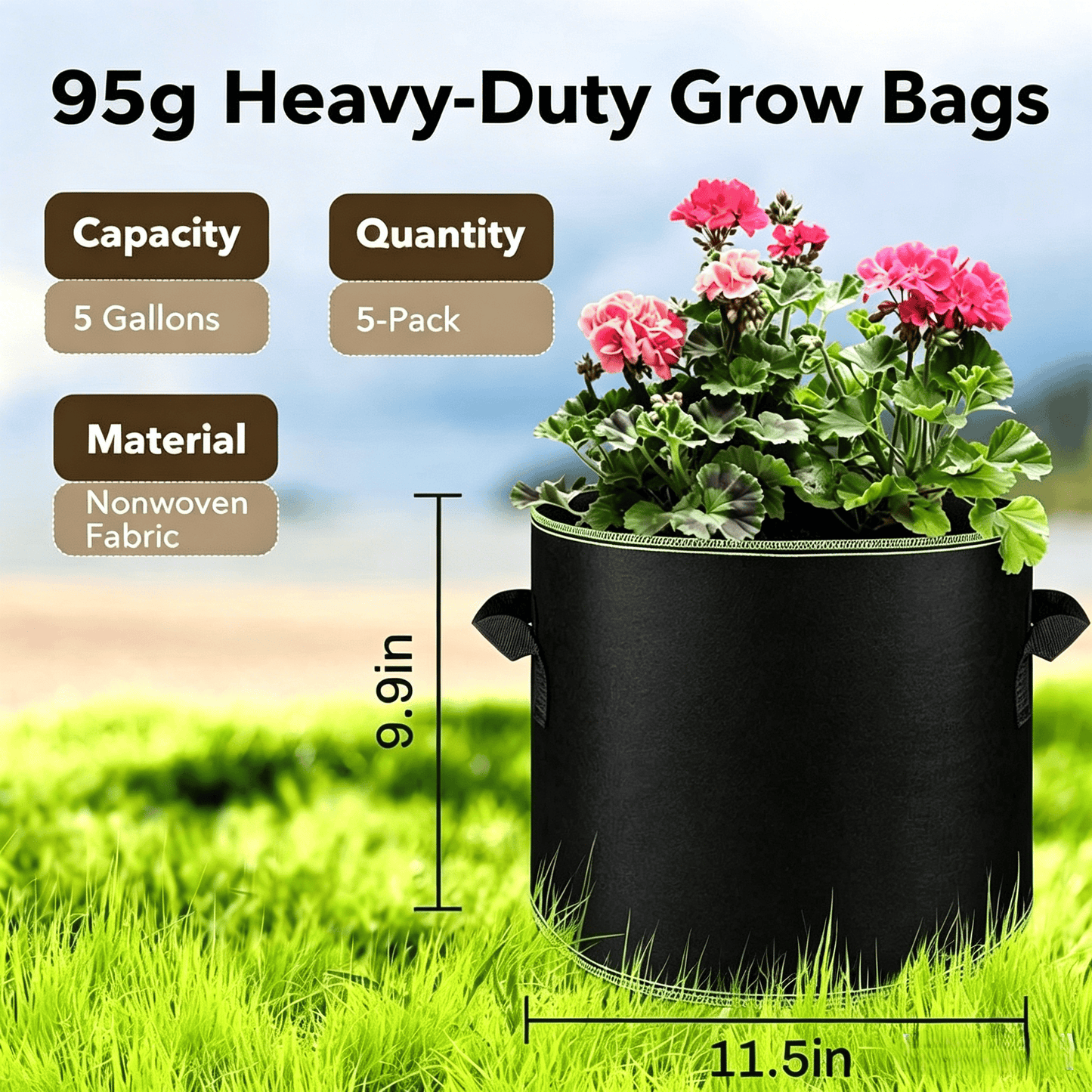 š± 5-Pack 5 Gallon Grow Bags šŖ“ Heavy Duty Fabric Pots