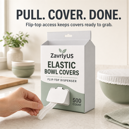 A hand pulling one elastic cover from the ZavrlyUS flip-top dispenser