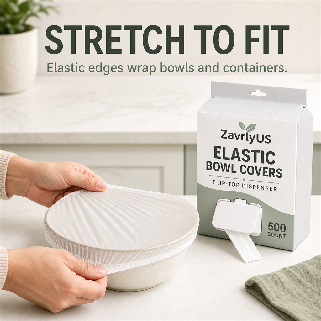 Hands stretching a ZavrlyUS elastic cover over a ceramic bowl