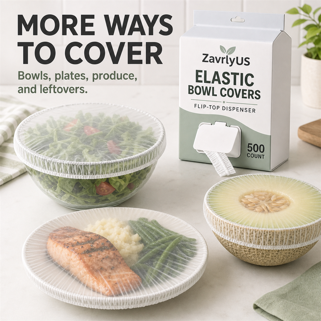 Elastic covers placed over a salad bowl, dinner plate, and cut melon