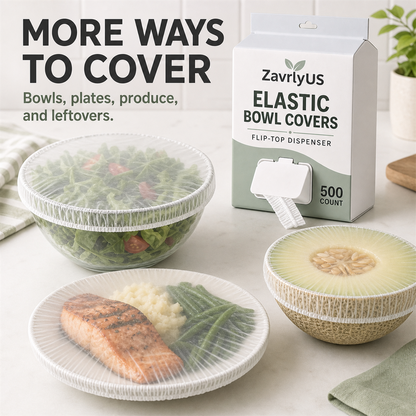 Elastic covers placed over a salad bowl, dinner plate, and cut melon