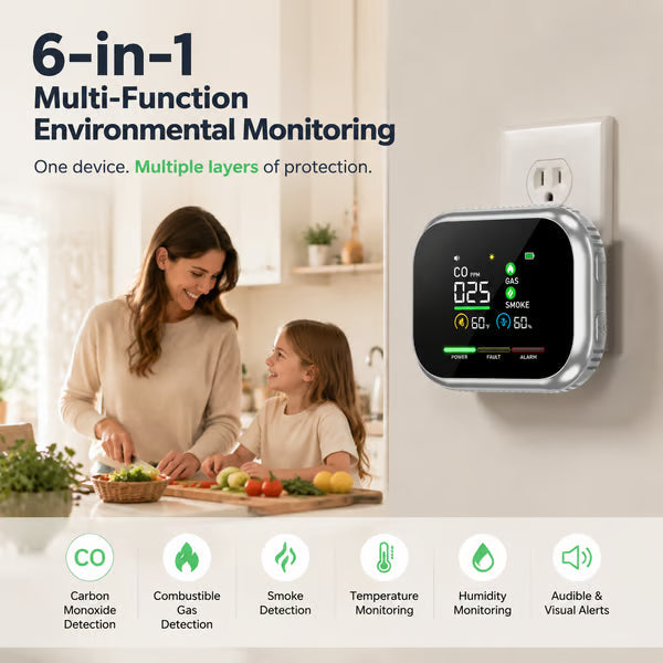 🚨 Smart 6-in-1 Gas Detector – CO Smoke & Gas Leak Alarm With LCD Display