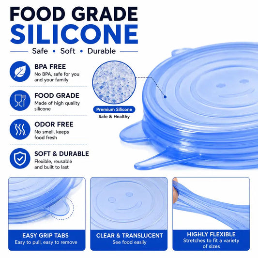 🥗6-Pack Reusable Silicone Stretch Lids - Airtight & BPA Free Food Covers
