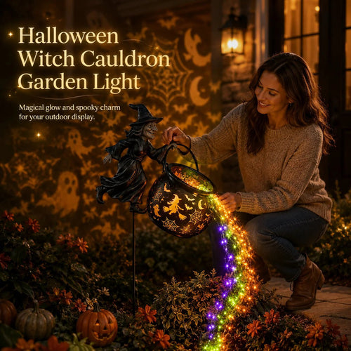 🎃Light Up Flying Witch & Glowing Cauldron Halloween Garden Decor🔥