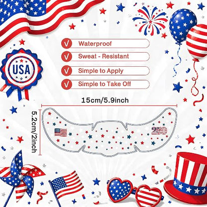 America 250 Face Tattoos  — 6 Sheets 6 Designs Patriotic 4th of July Temporary Tattoos