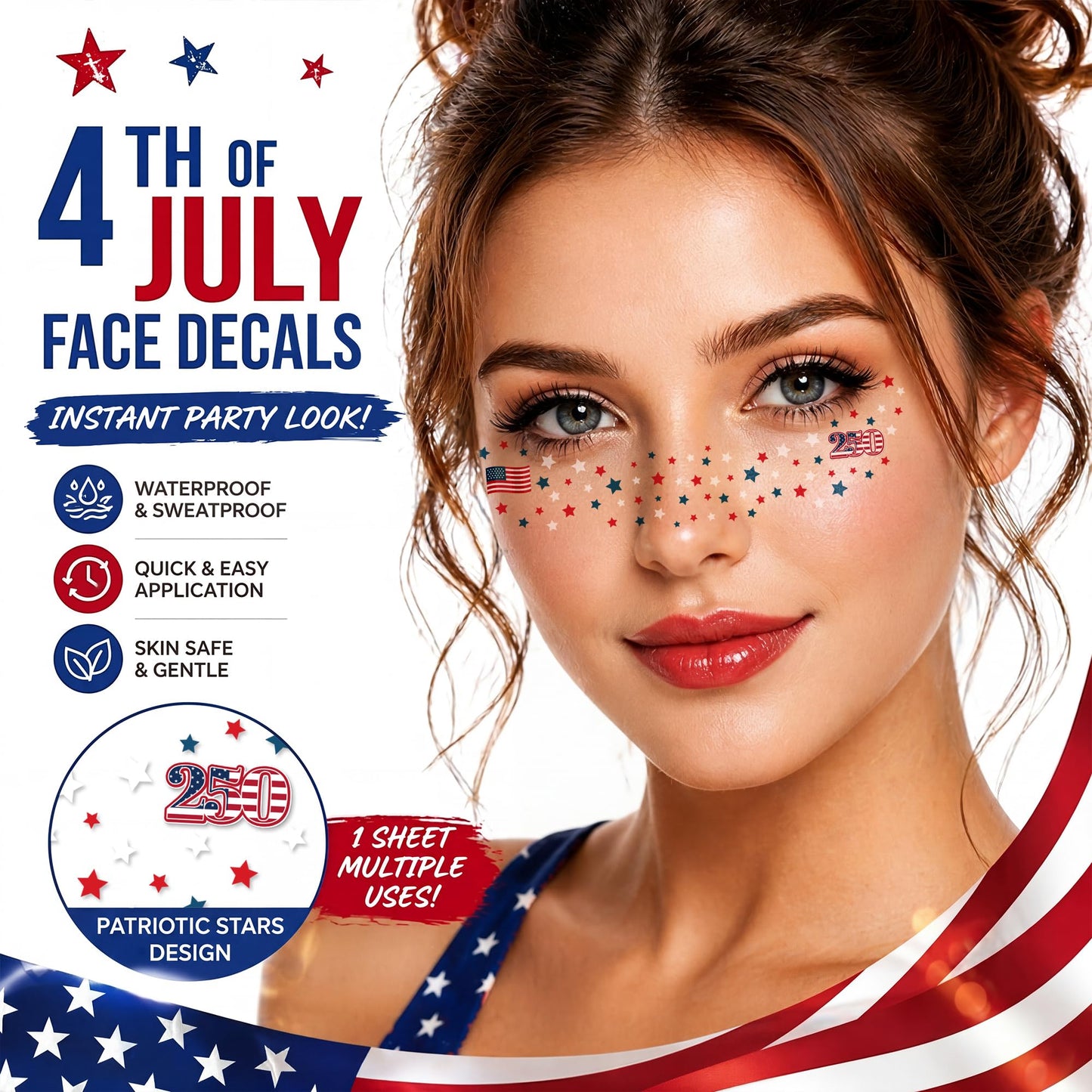 America 250 Face Tattoos  — 6 Sheets 6 Designs Patriotic 4th of July Temporary Tattoos