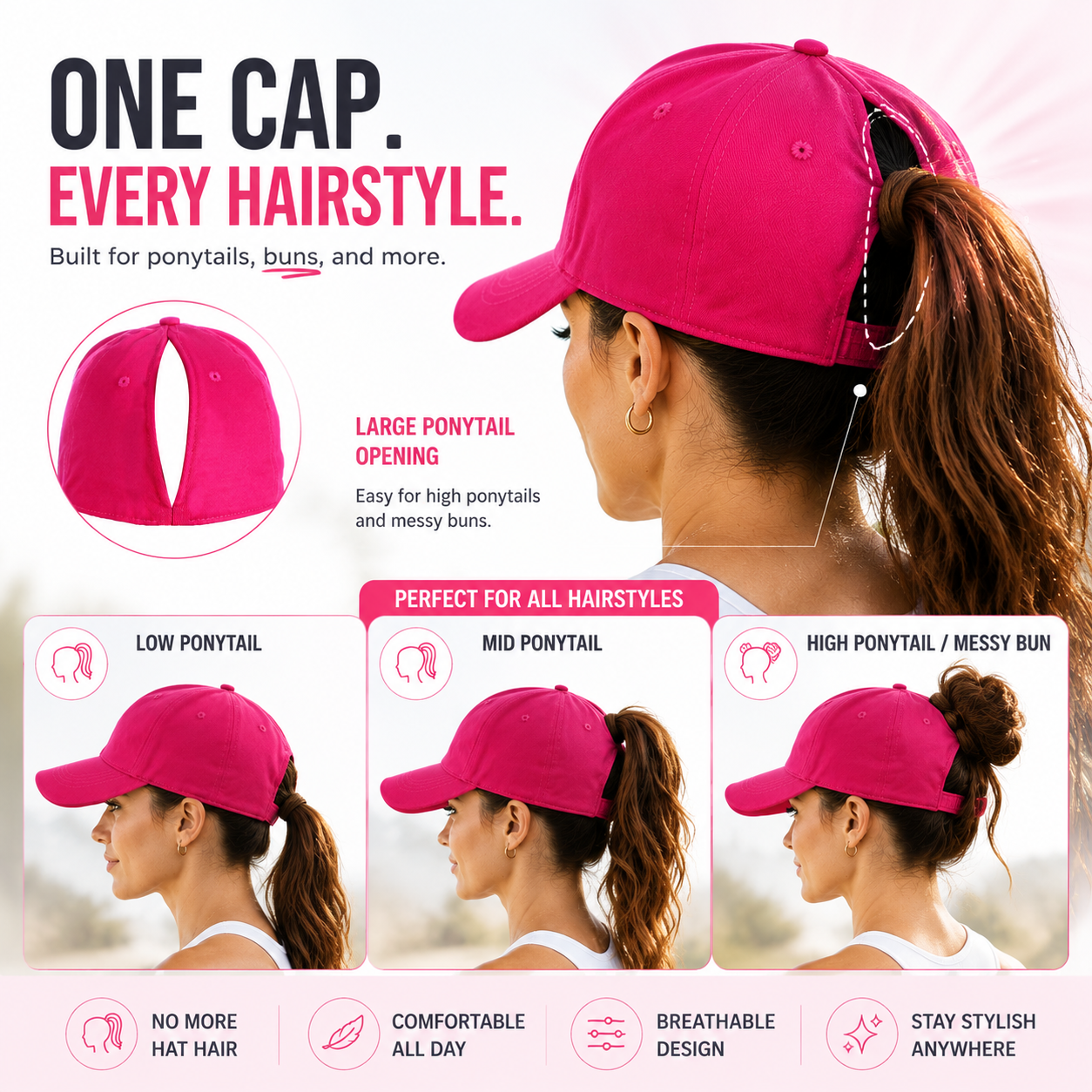 ♀️Breathable Ponytail Hat & Messy Bun Cap for Women🌟| No Hat Hair☀️