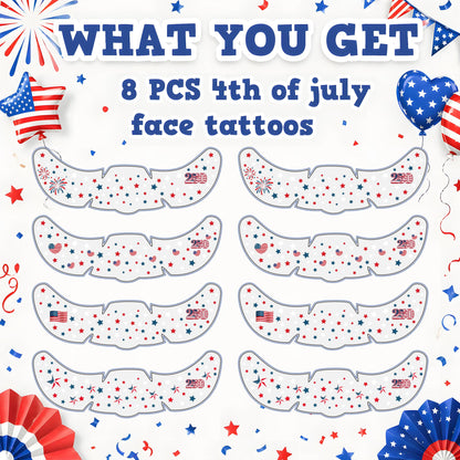 America 250 Face Tattoos  — 6 Sheets 6 Designs Patriotic 4th of July Temporary Tattoos