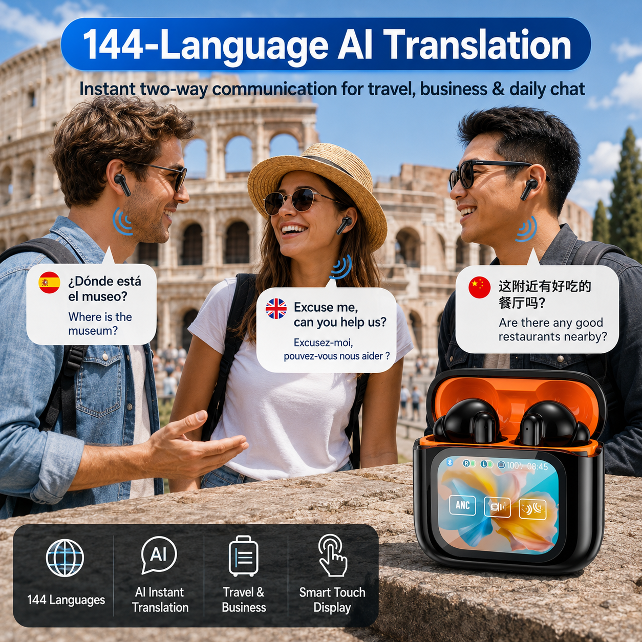 🌐 AI Translator Earbuds with Smart Touch Display