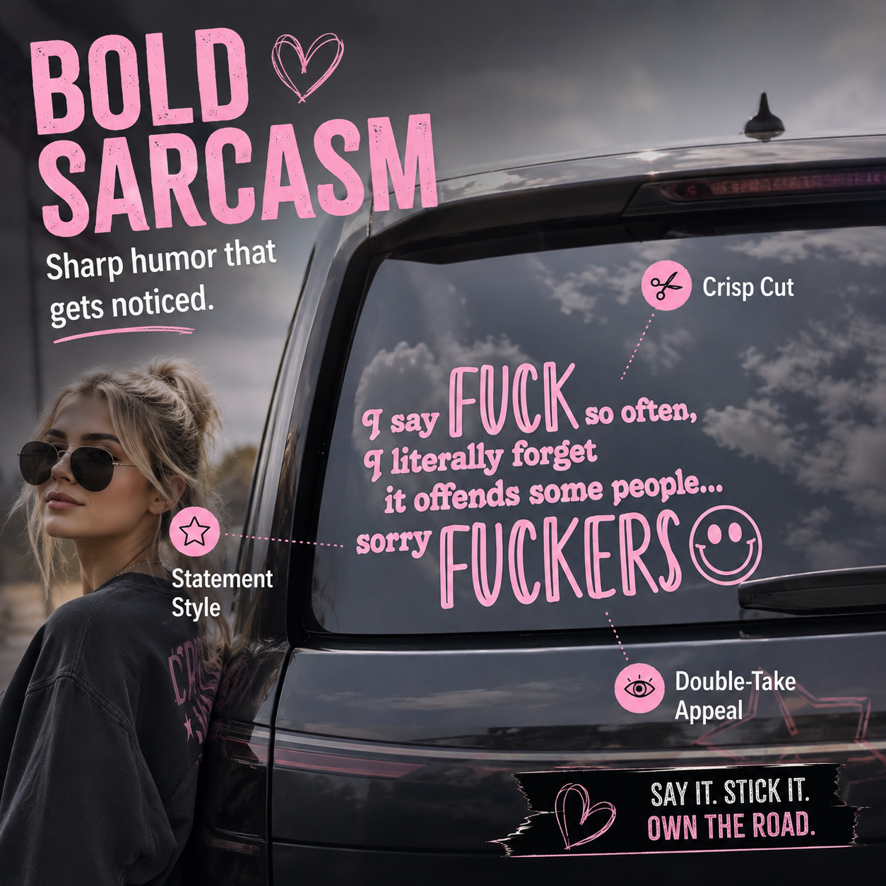 [5-Pack] 😈 Funny Pink Vinyl Car Decals - Sarcastic Quote Bumper Stickers