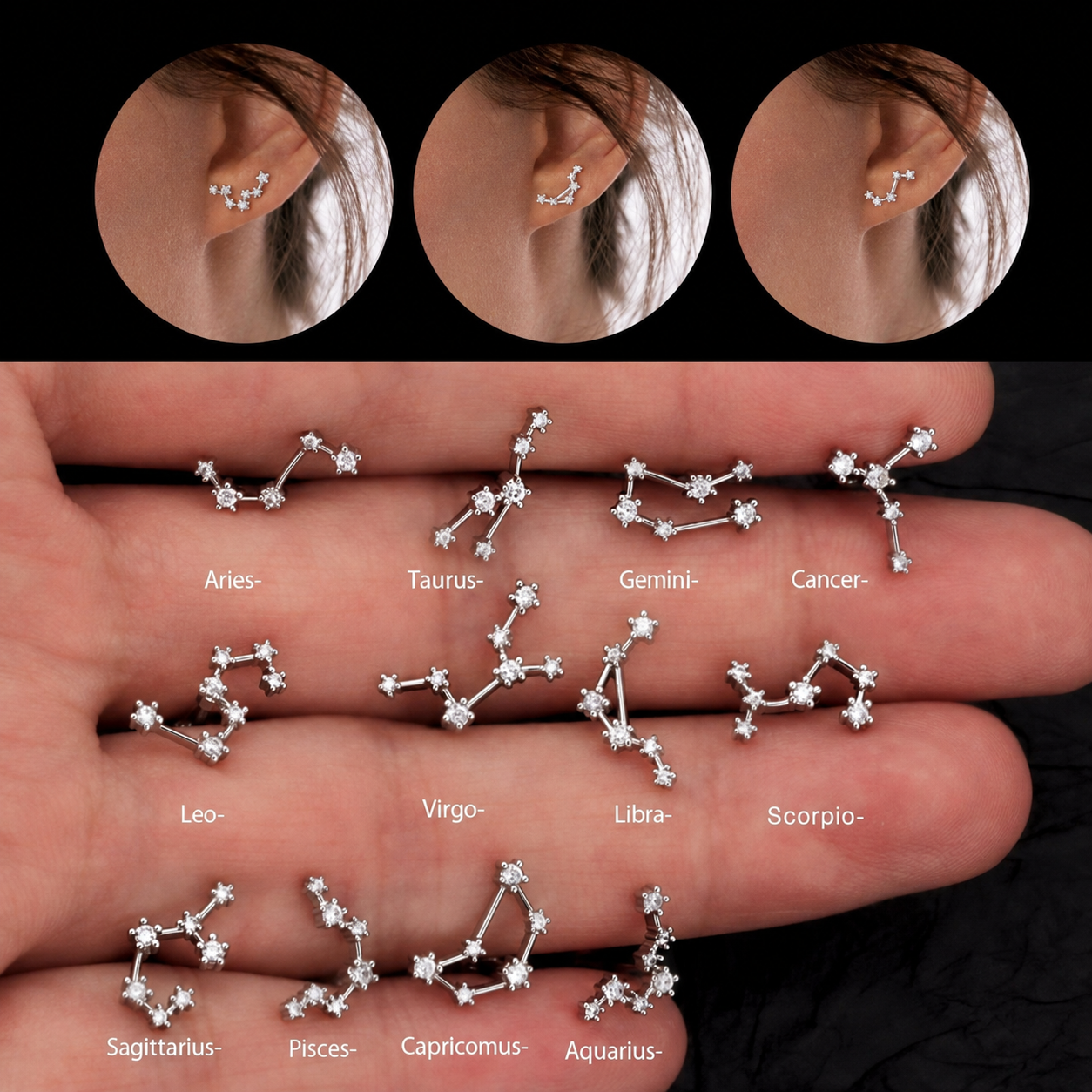 💫 12 Zodiac Constellation Studs - CZ Cartilage Piercing Jewelry