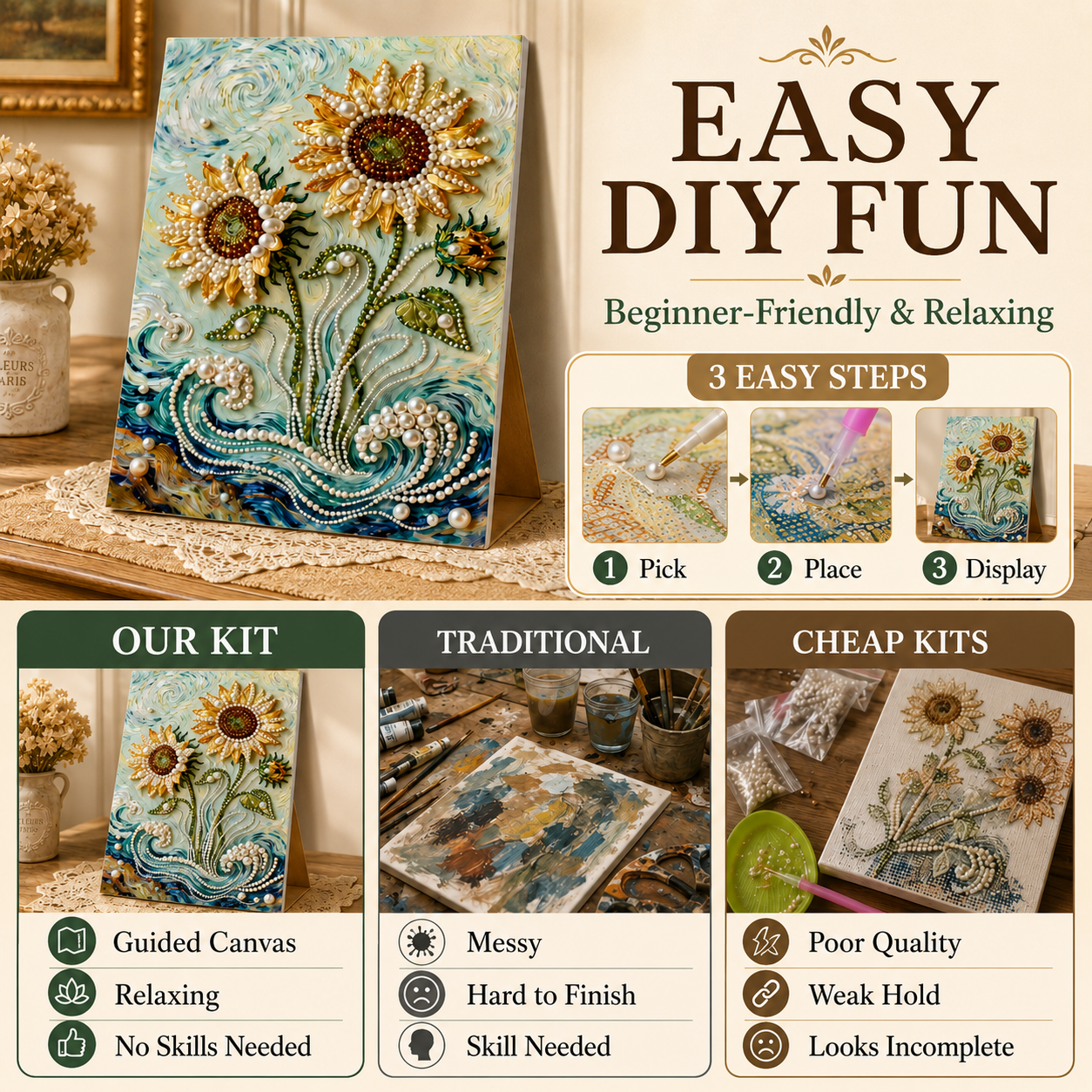 ✨ 3D Pearl & Gem Sunflower DIY Painting Kit