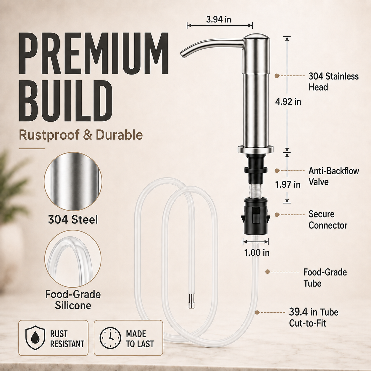 304 Stainless Steel Soap Dispenser Extension Tube Kit