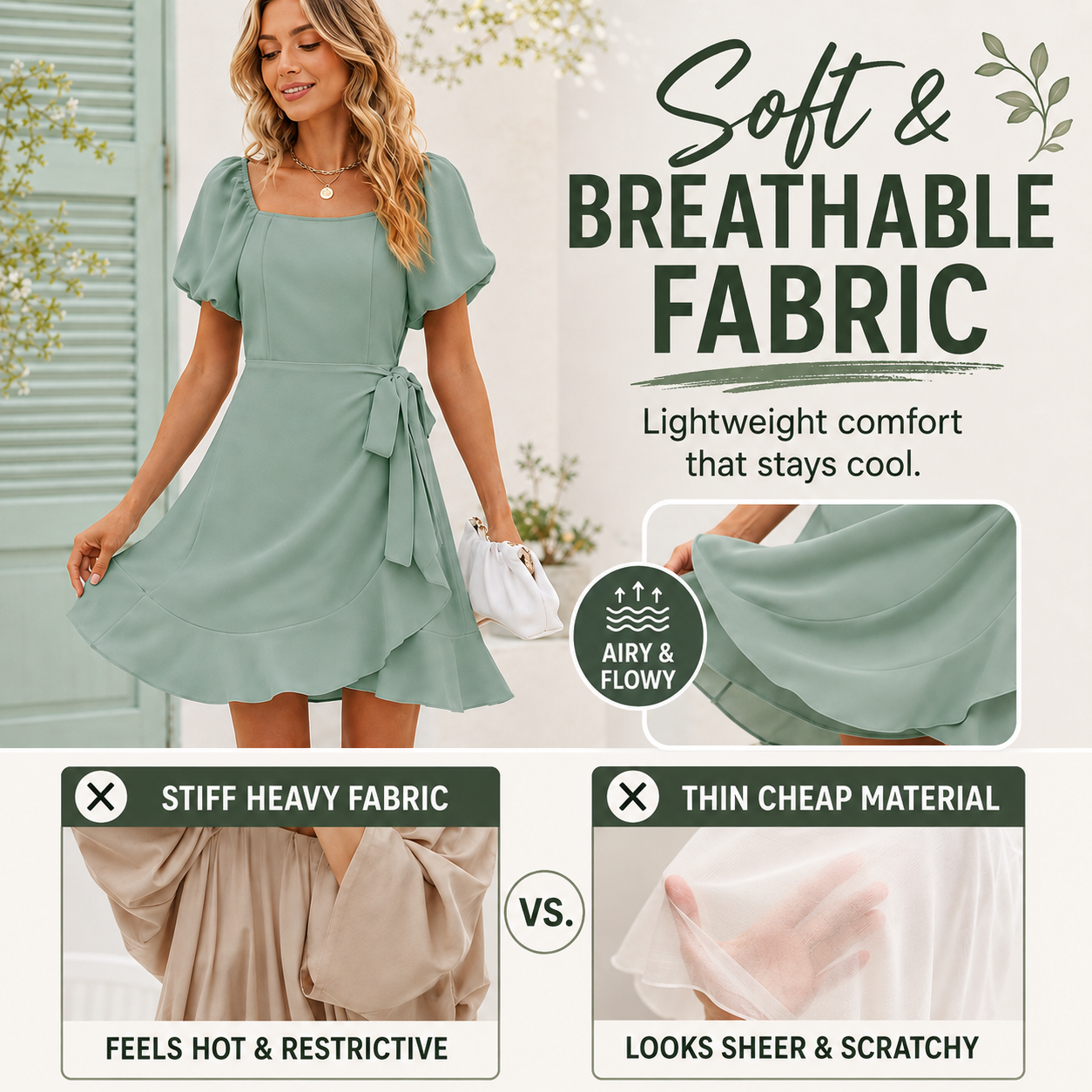 ✨ Sage Green Puff Sleeve Wrap Dress
