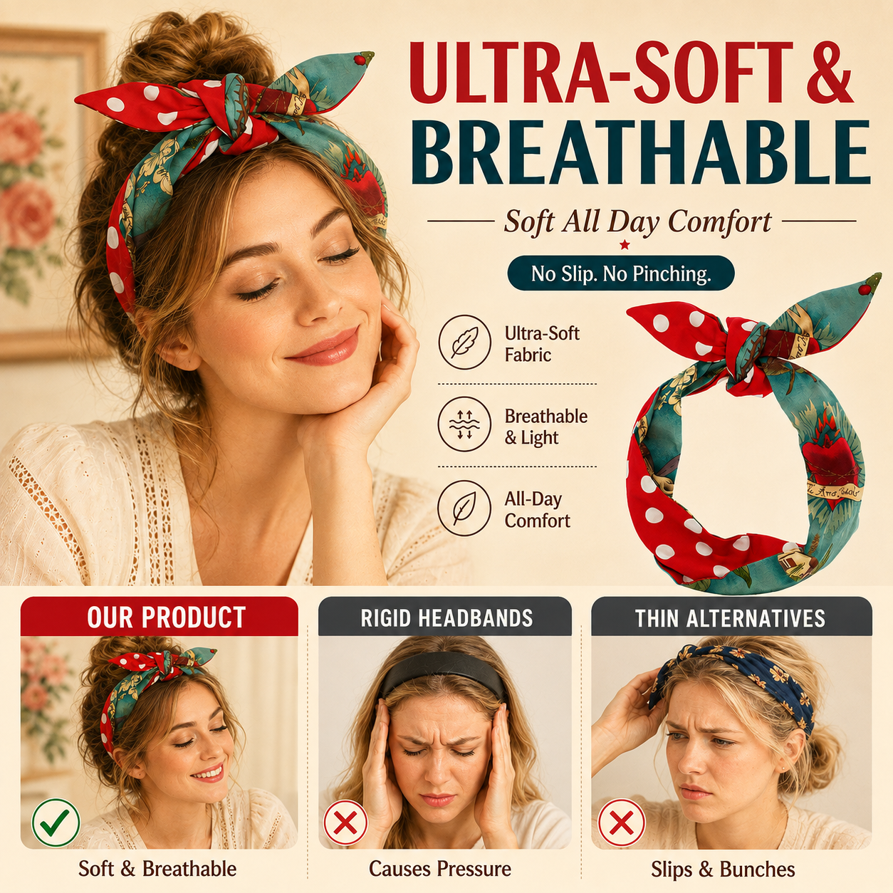 ✨ Retro Polka Dot & Floral Hair Wrap