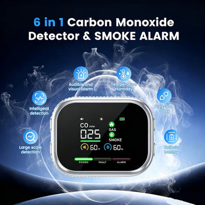 🚨 Smart 6-in-1 Gas Detector – CO Smoke & Gas Leak Alarm With LCD Display