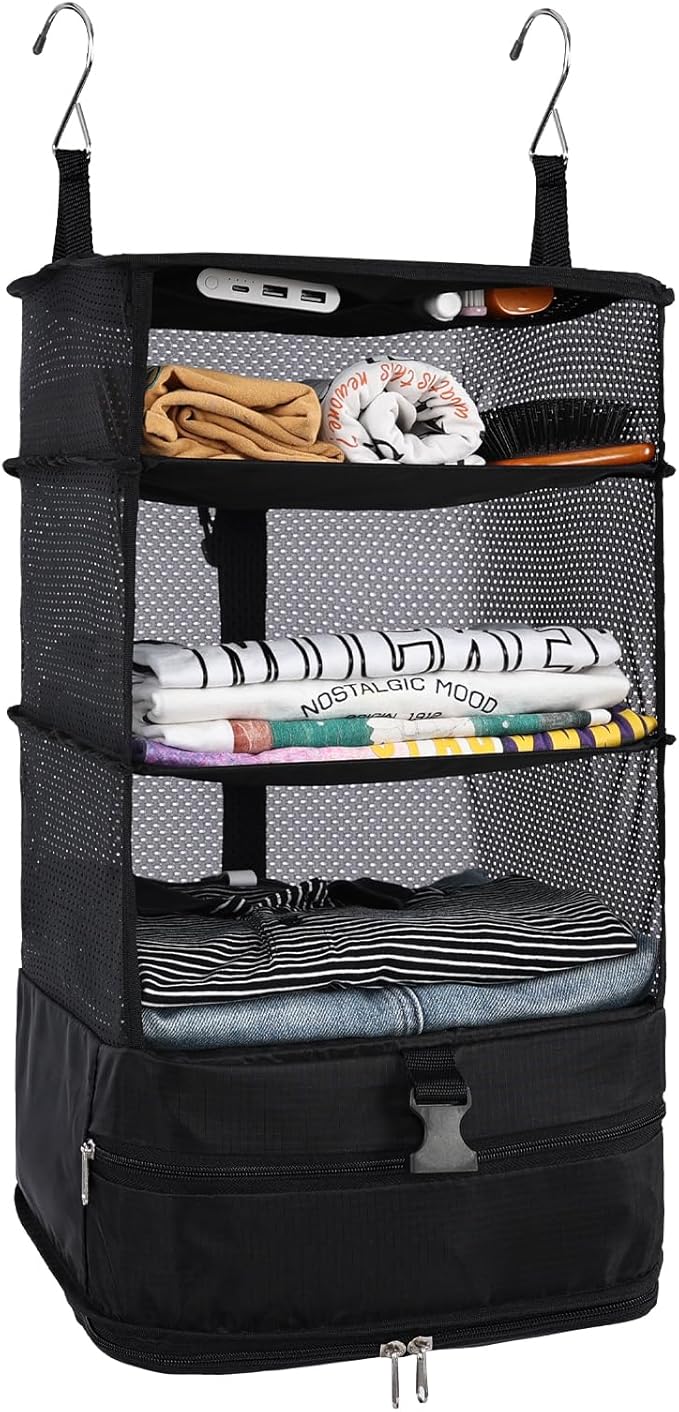🧳Travel Hanging Closet Storage Bag Collapsible 3-Shelf Washable Oxford Fabric with 2 Hooks