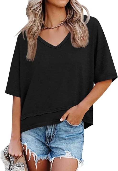Women Summer V Neck T Shirts Casual Short Sleeve Flowy Tops Cute Loose Fit Basic Tees Summervibes