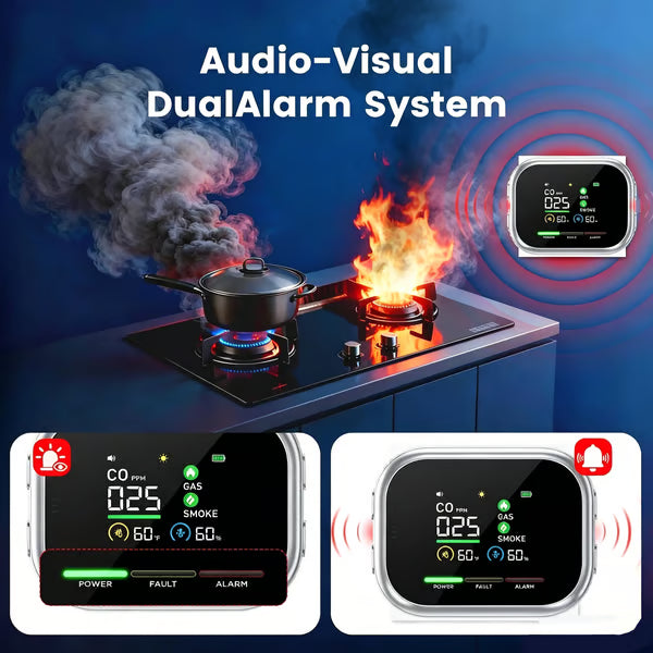 🚨 Smart 6-in-1 Gas Detector – CO Smoke & Gas Leak Alarm With LCD Display