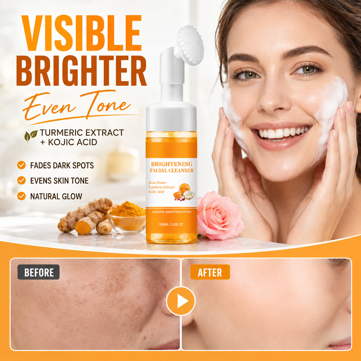 ✨ Turmeric & Kojic Acid Brightening Facial Cleanser Foaming Brush