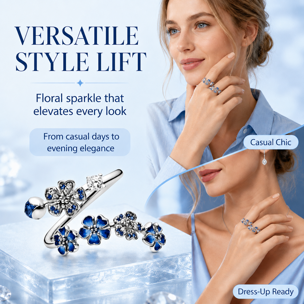 Cool-Toned Enamel Flower Adjustable Ring ❄️✨