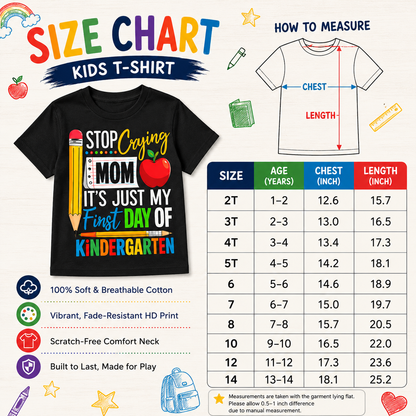 😭 "Stop Crying Mom!" First Day of Kindergarten Kids T-Shirt 🎒