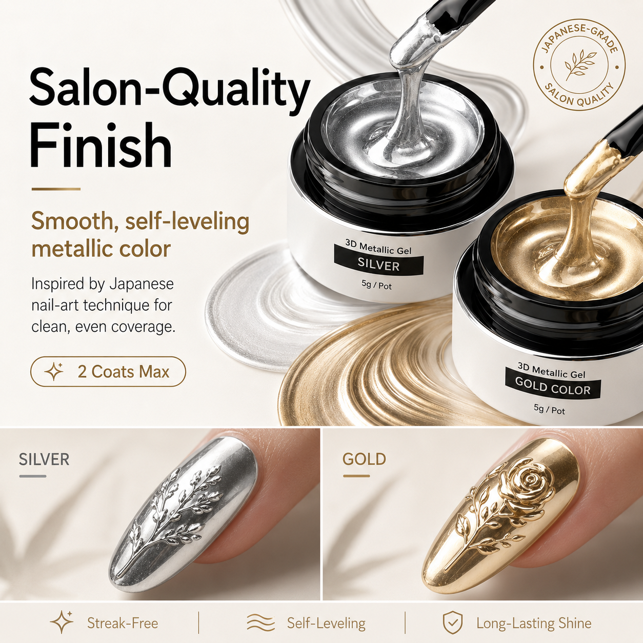 3D Metallic Mirror Chrome Gel Polish with Liner Brush
