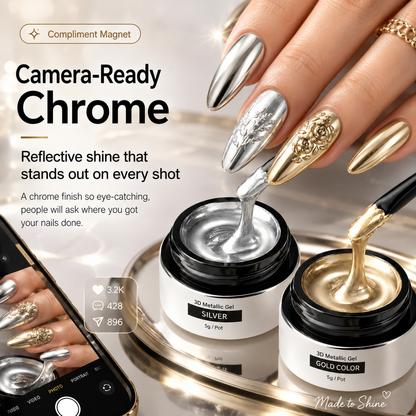 3D Metallic Mirror Chrome Gel Polish with Liner Brush