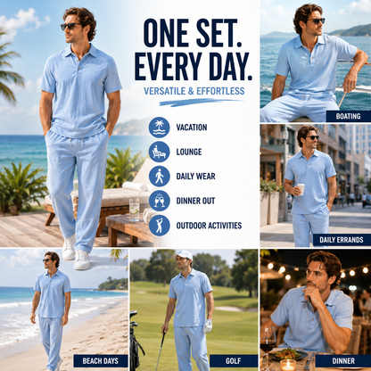 Men's Breathable Cotton Linen Resort Polo & Pants 2-Piece Set