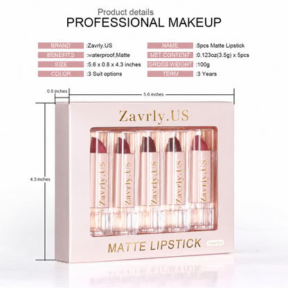 💄5-Piece Matte Lipstick Set – Waterproof & Long-Lasting