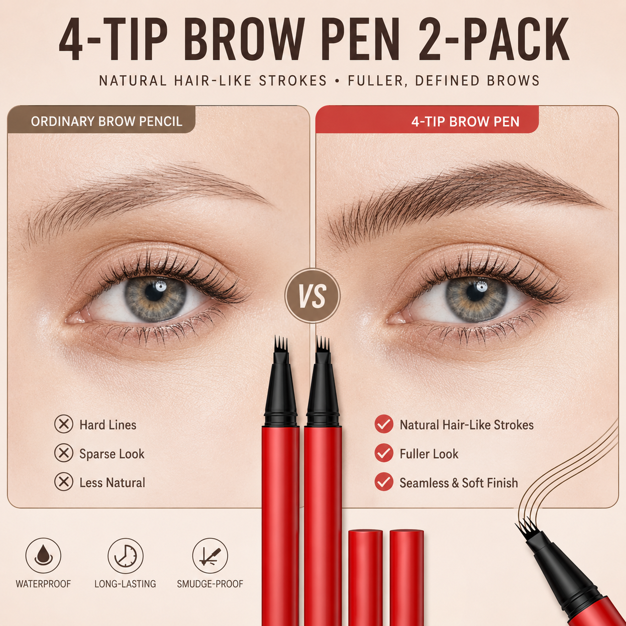 🔥2-Pack Eyebrow Pens – 4-Tip Natural Hair-Like Strokes, All-Day Wear