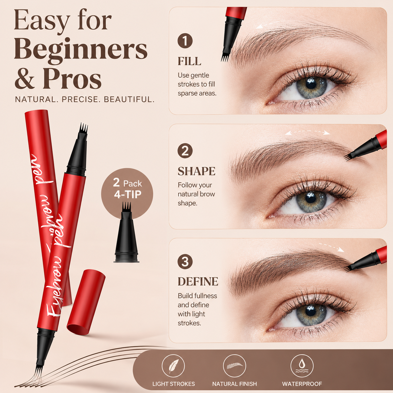 🔥2-Pack Eyebrow Pens – 4-Tip Natural Hair-Like Strokes, All-Day Wear