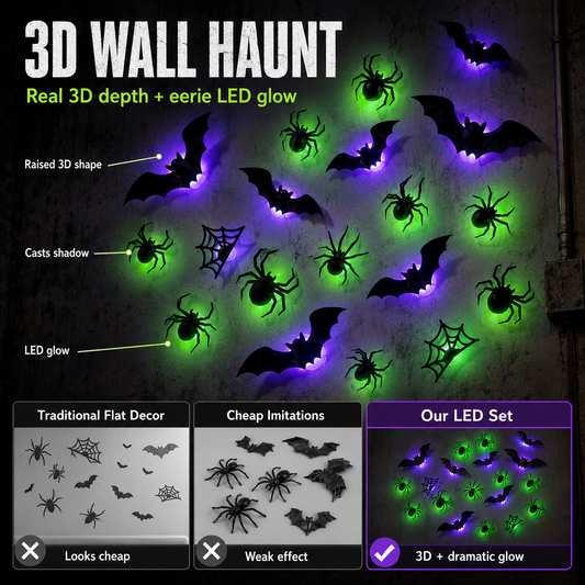 🦇 21-Piece 3D LED Bat & Spider Halloween Wall Decor Set