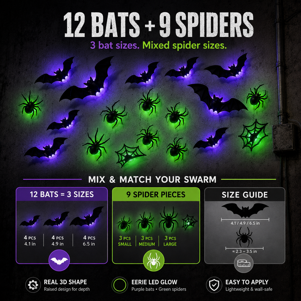 🦇 21-Piece 3D LED Bat & Spider Halloween Wall Decor Set