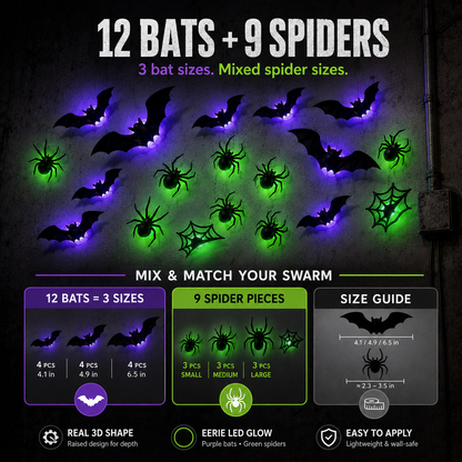 🦇 21-Piece 3D LED Bat & Spider Halloween Wall Decor Set