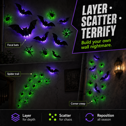🦇 21-Piece 3D LED Bat & Spider Halloween Wall Decor Set