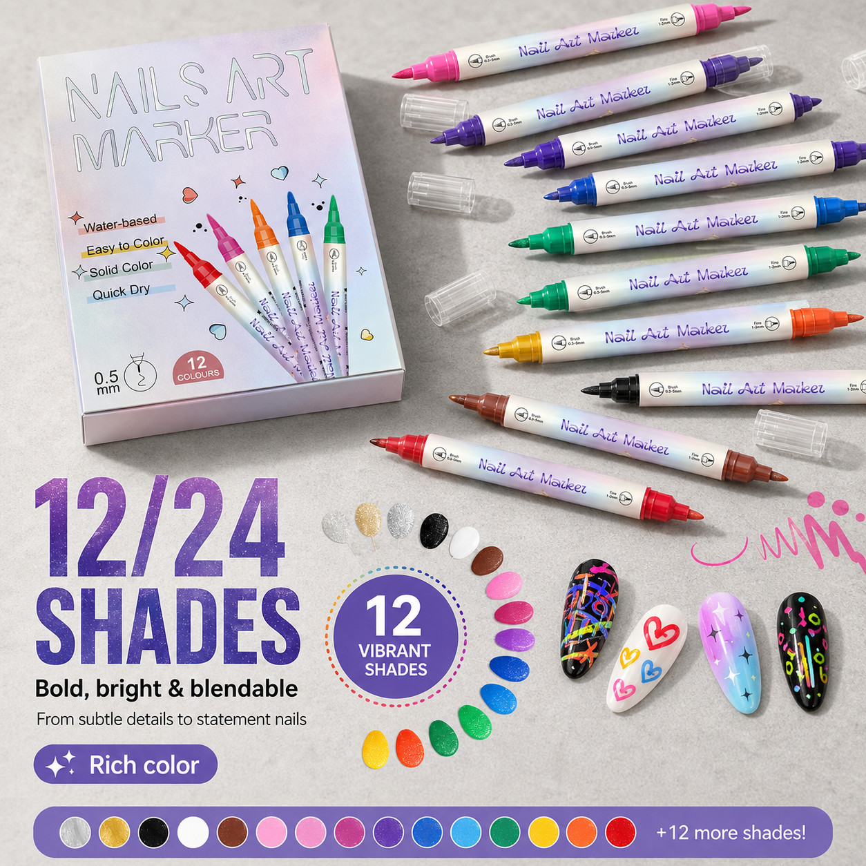 🎨Dual-Tip Nail Art Marker Pens – 12/24 Color Set