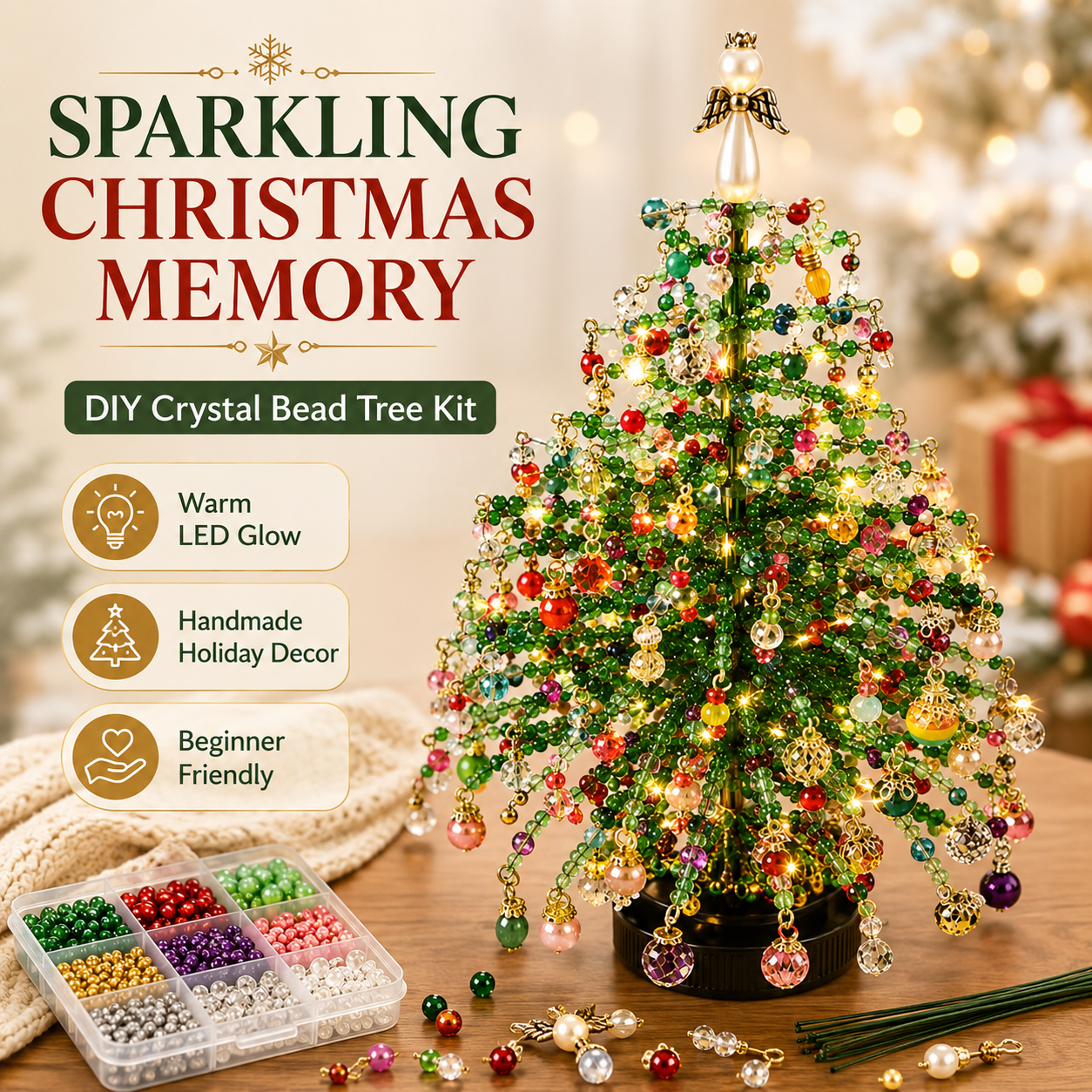 DIY Crystal Bead Christmas Tree Kit with Warm LED Lights
