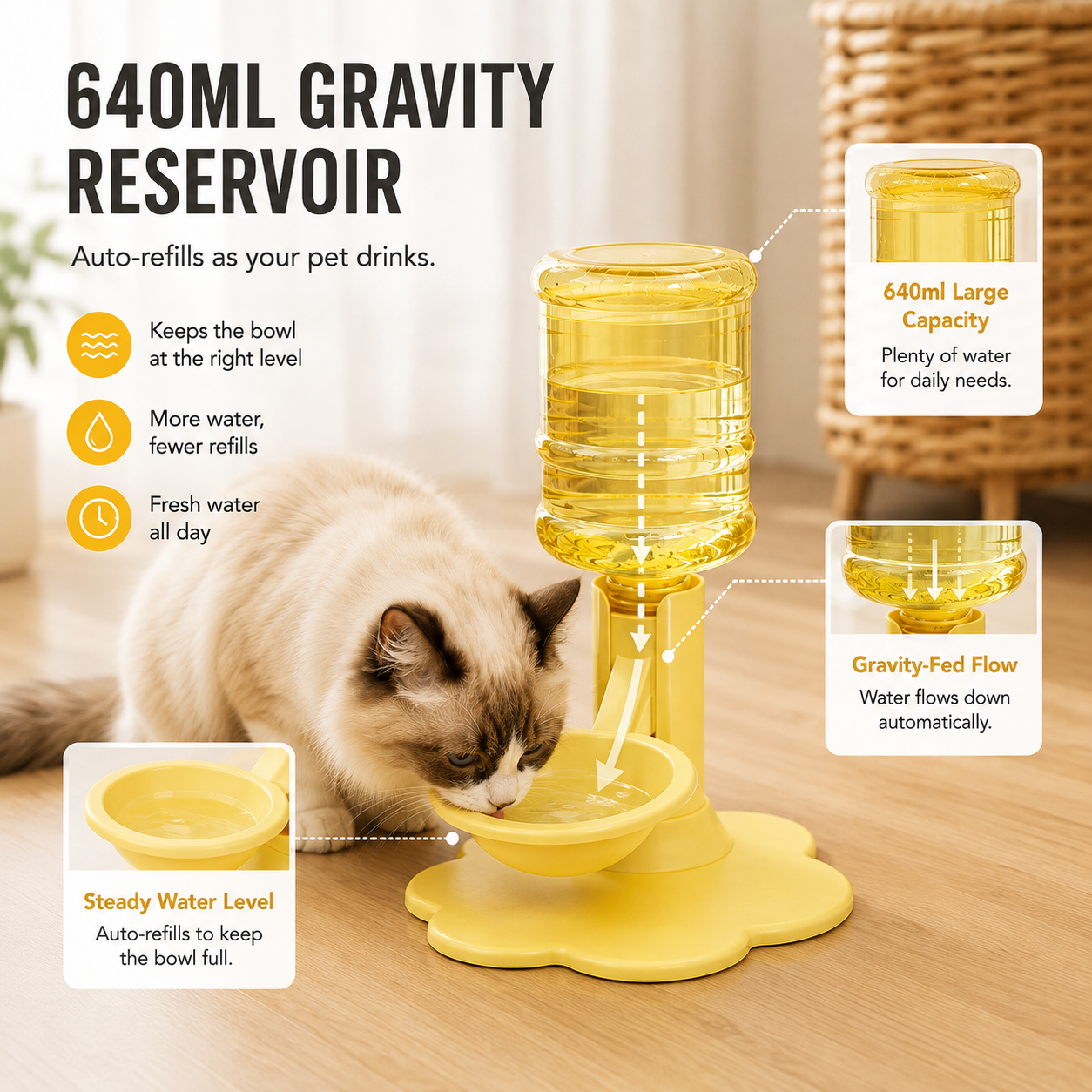 💧640ml Adjustable Gravity Pet Water Dispenser for Cats & Small Dogs
