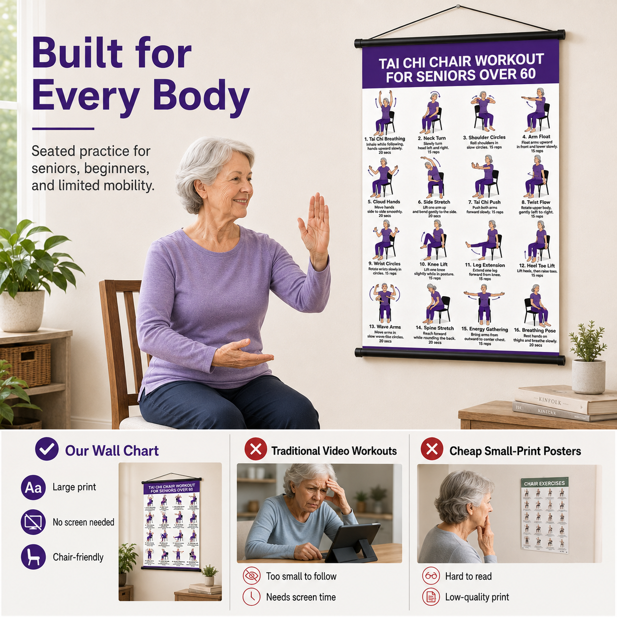 Seated Tai Chi Wall Chart for Seniors | 16 Chair Exercises|Relax in the office