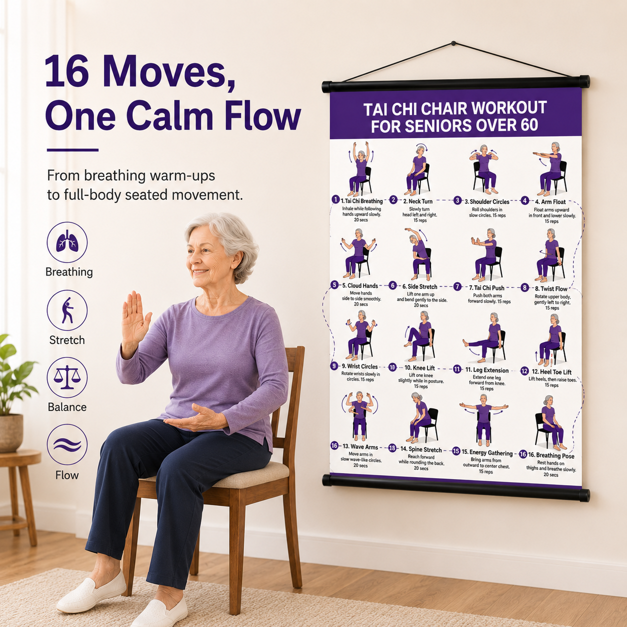 Seated Tai Chi Wall Chart for Seniors | 16 Chair Exercises|Relax in the office