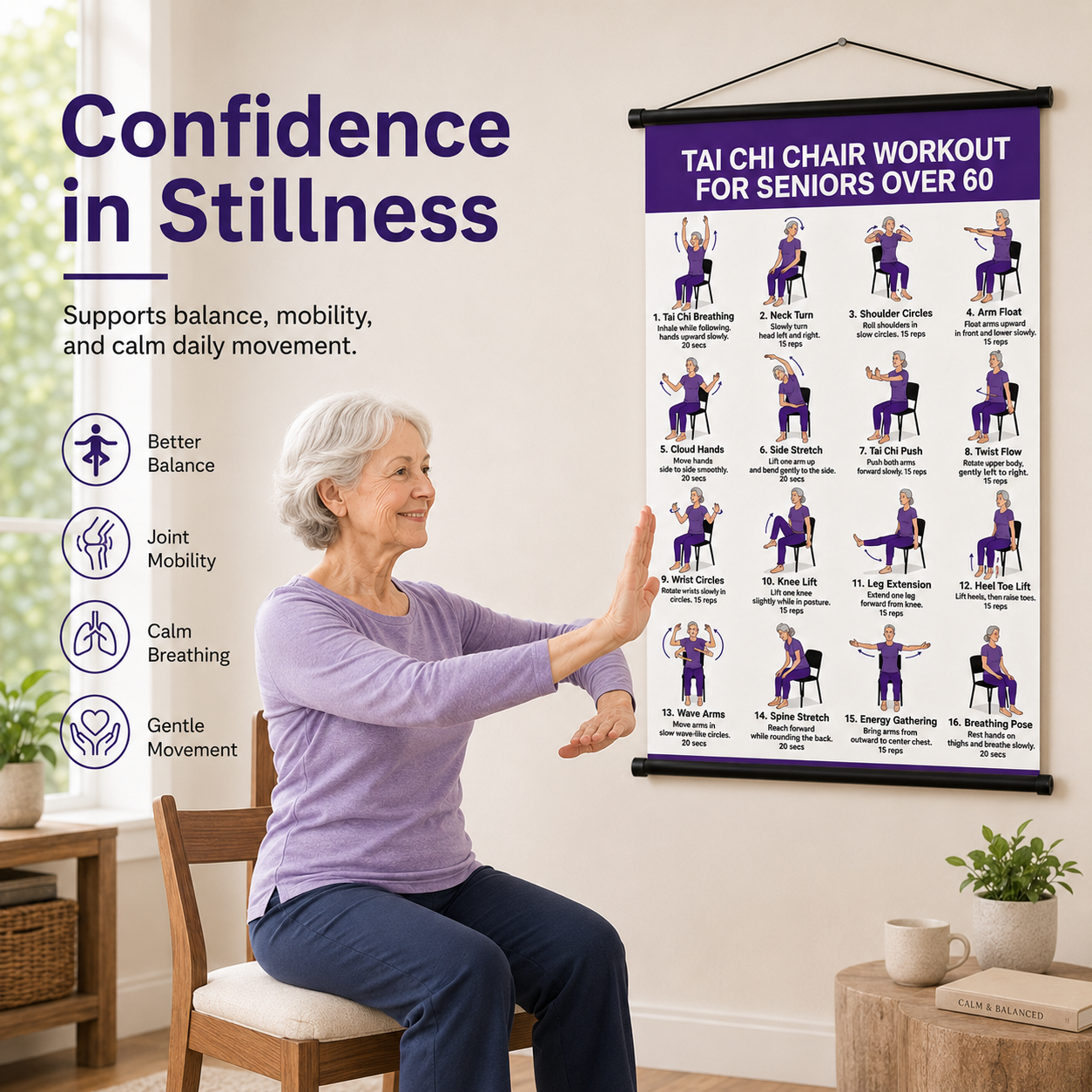 Seated Tai Chi Wall Chart for Seniors | 16 Chair Exercises|Relax in the office