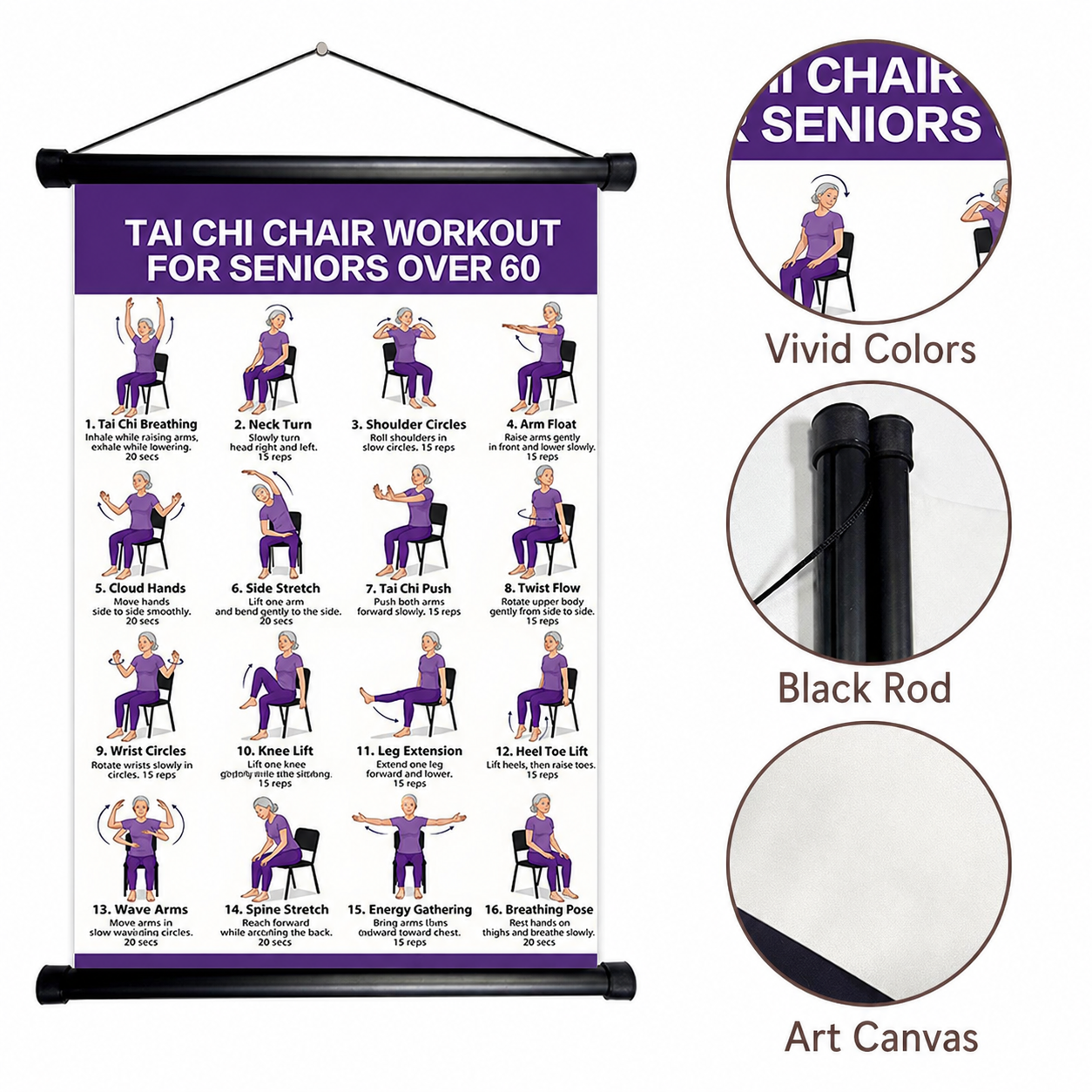 Seated Tai Chi Wall Chart for Seniors | 16 Chair Exercises|Relax in the office