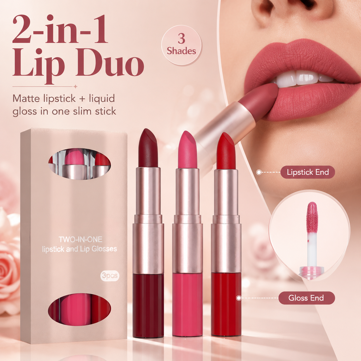 2-in-1 Matte Lipstick & Lip Gloss Set | 3-Piece Lip Duo