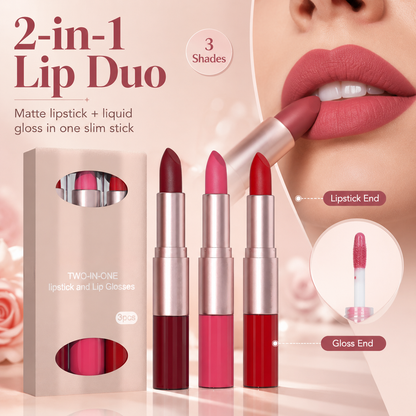 2-in-1 Matte Lipstick & Lip Gloss Set | 3-Piece Lip Duo
