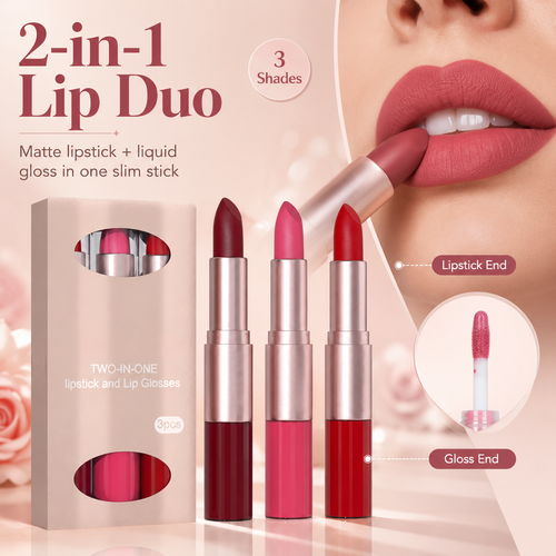 2-in-1 Matte Lipstick & Lip Gloss Set | 3-Piece Lip Duo