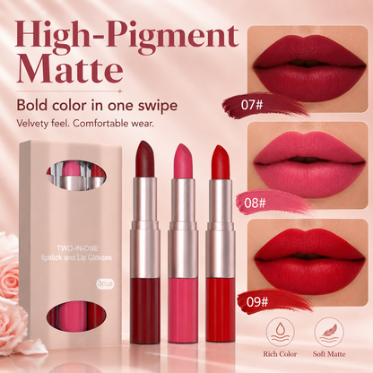 2-in-1 Matte Lipstick & Lip Gloss Set | 3-Piece Lip Duo