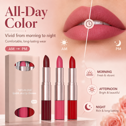 2-in-1 Matte Lipstick & Lip Gloss Set | 3-Piece Lip Duo