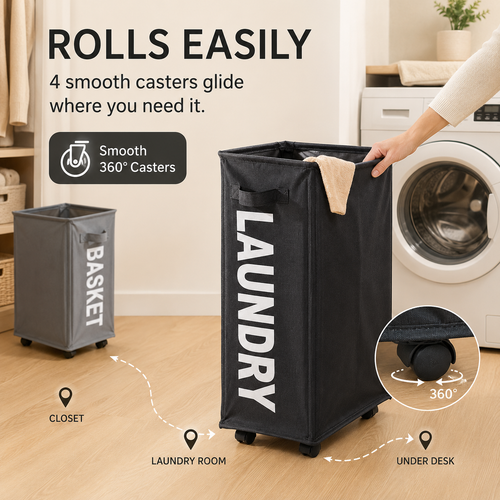 Slim Rolling Laundry Basket with Wheels | Foldable Hamper