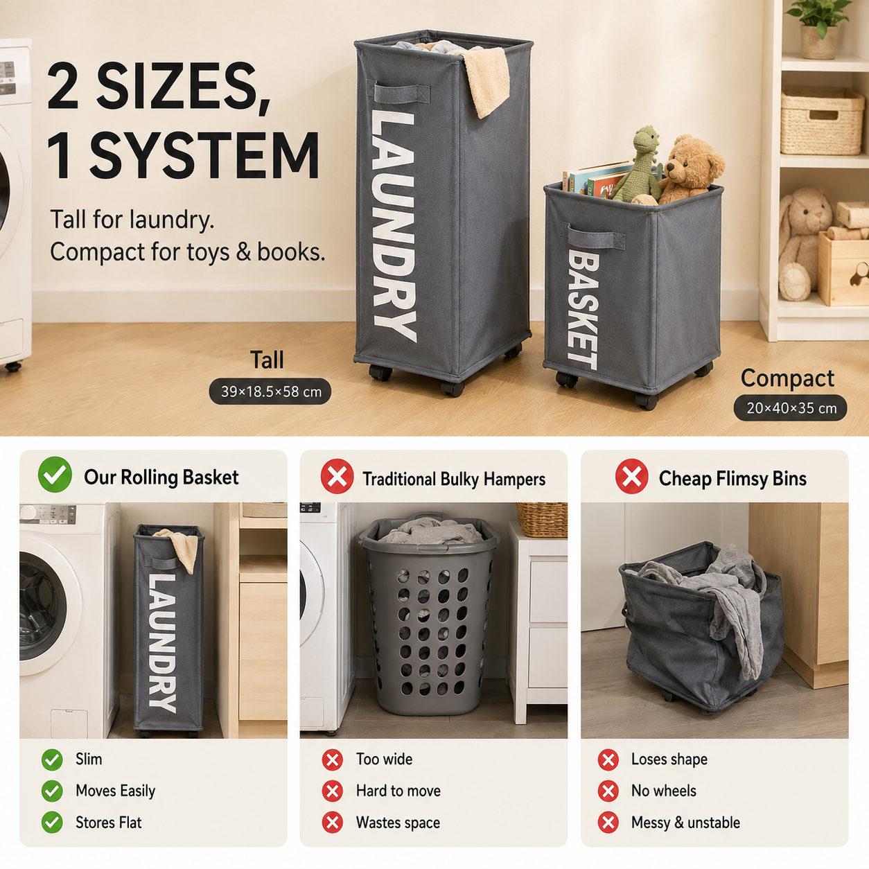 Slim Rolling Laundry Basket with Wheels | Foldable Hamper